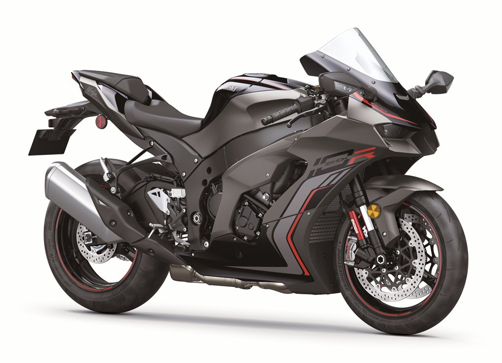 Kawasaki ZX-10R sport bike in gray with red accents