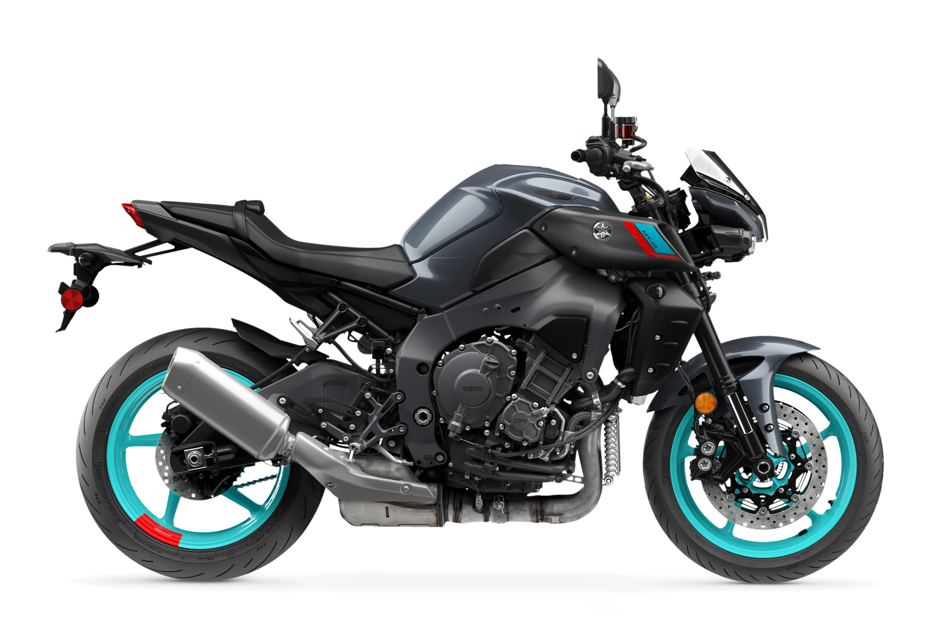 Yamaha MT-10 with gray tank and teal wheels