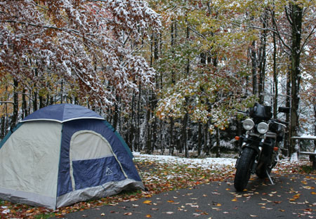 fall camping with snow